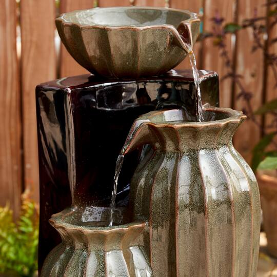 Glitzhome® 26.75" 3-Tier LED Fluted Textured Ceramic Outdoor Floor Fountain